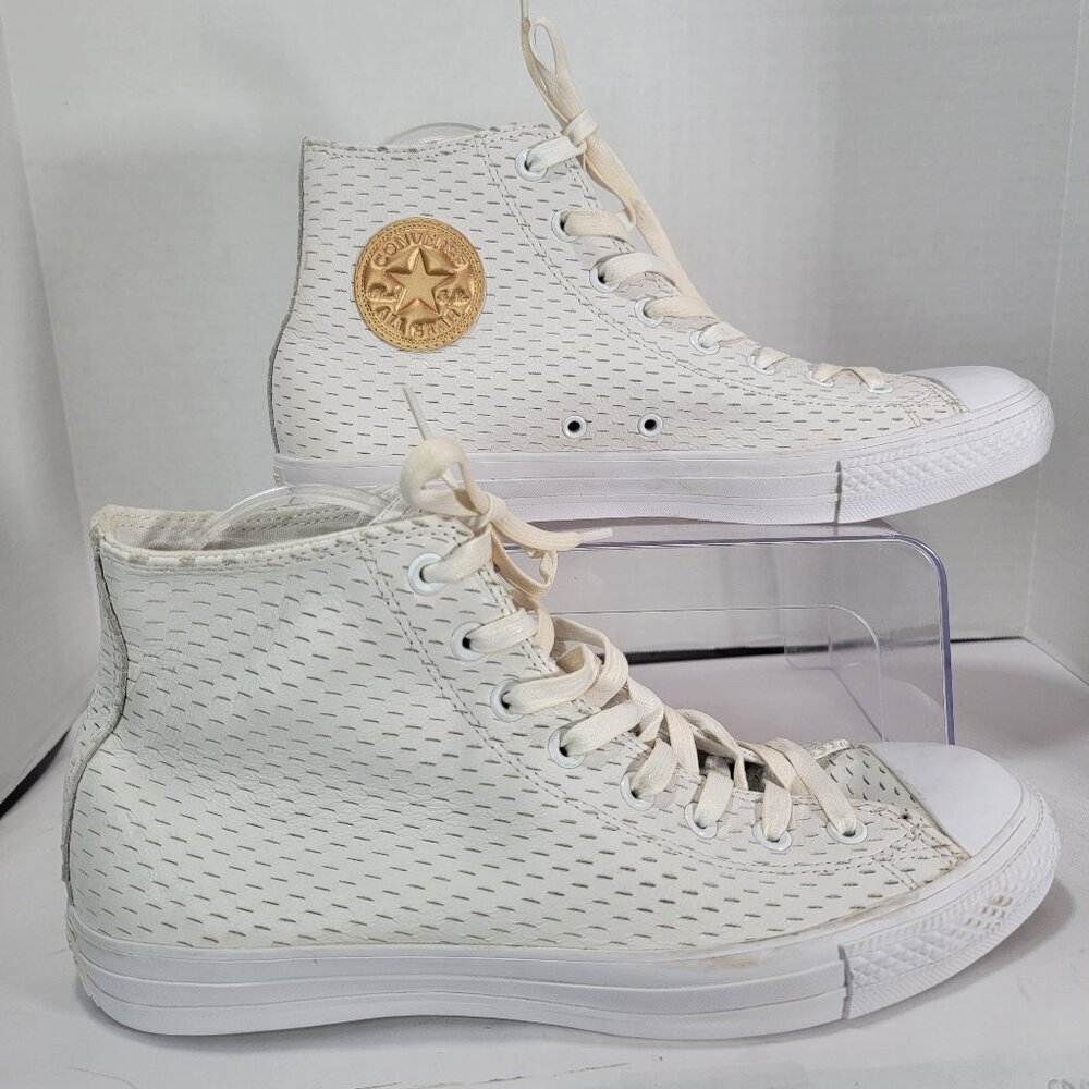 Converse Whiten Leather Unisex Mens 10 Womens‎ 12 White Gold Rare High Top Chuck
